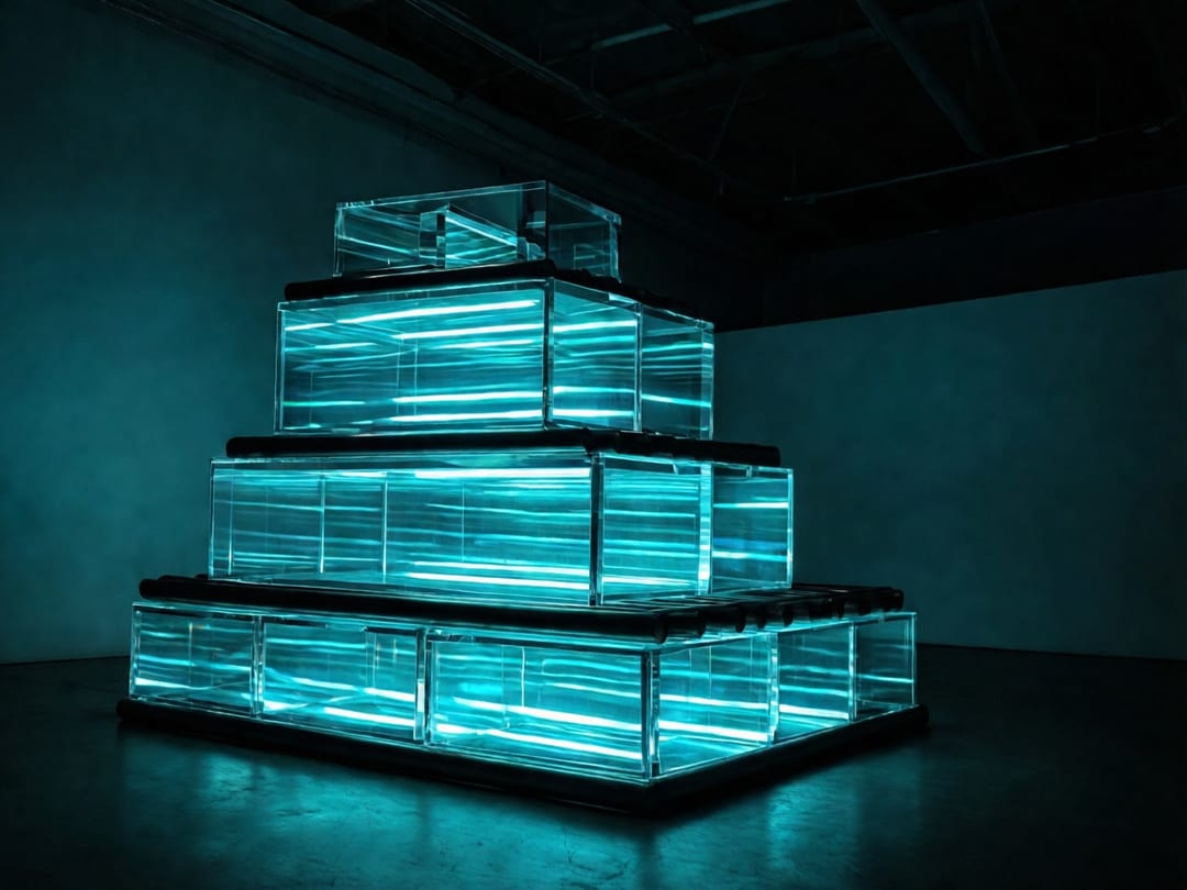 A tiered geometric sculpture made of clear acrylic blocks and black metal rods with glowing cyan reflections.