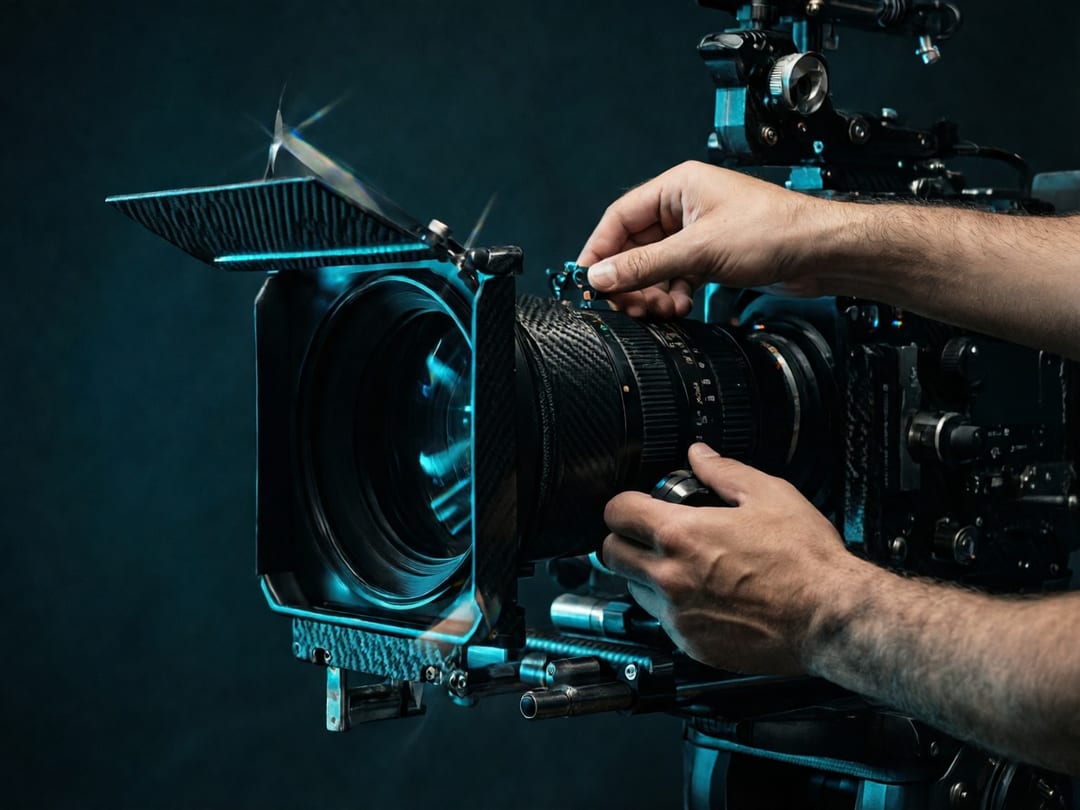 Hands adjusting a carbon-fiber matte box on a cinema camera rig with dark studio lighting.